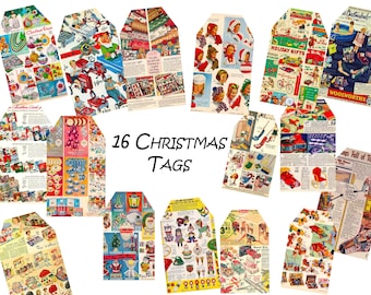 16 Vintage Christmas Scrapbook Tags Digital Download PDF and JPEG Collage Sheets