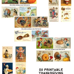 May include: Twenty vintage Thanksgiving postcards featuring illustrations of turkeys, children, and traditional Thanksgiving foods. The postcards are printed in red, green, and brown colors with gold accents. The text on the postcards includes "Happy Thanksgiving", "Thanksgiving Greetings", and "Best Wishes".