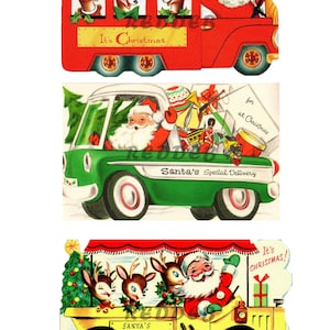 Cartões de Natal de ônibus de Papai Noel retrô, Imagens de Papai Noel vintage, Clip Art de Papai Noel adorável, Download digital, Arquivos JPEG e PNG, Uso comercial