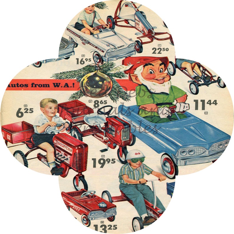 May include: A vintage Christmas advert featuring a range of toy cars and trucks for children. The advert features a red and white tractor, a blue car, a red car, a white car, and a red and black go-kart. The advert also features a Christmas bauble and a gnome driving a blue car. The text on the advert reads "Autos from W.A.!".