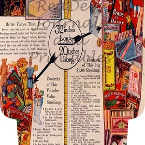 May include: A vintage advertisement for a Christmas stocking filled with toys. The stocking is 32 inches long and contains a variety of toys, including a teddy bear, a doll, a game, and sweets. The ad also includes a list of the contents of the stocking.