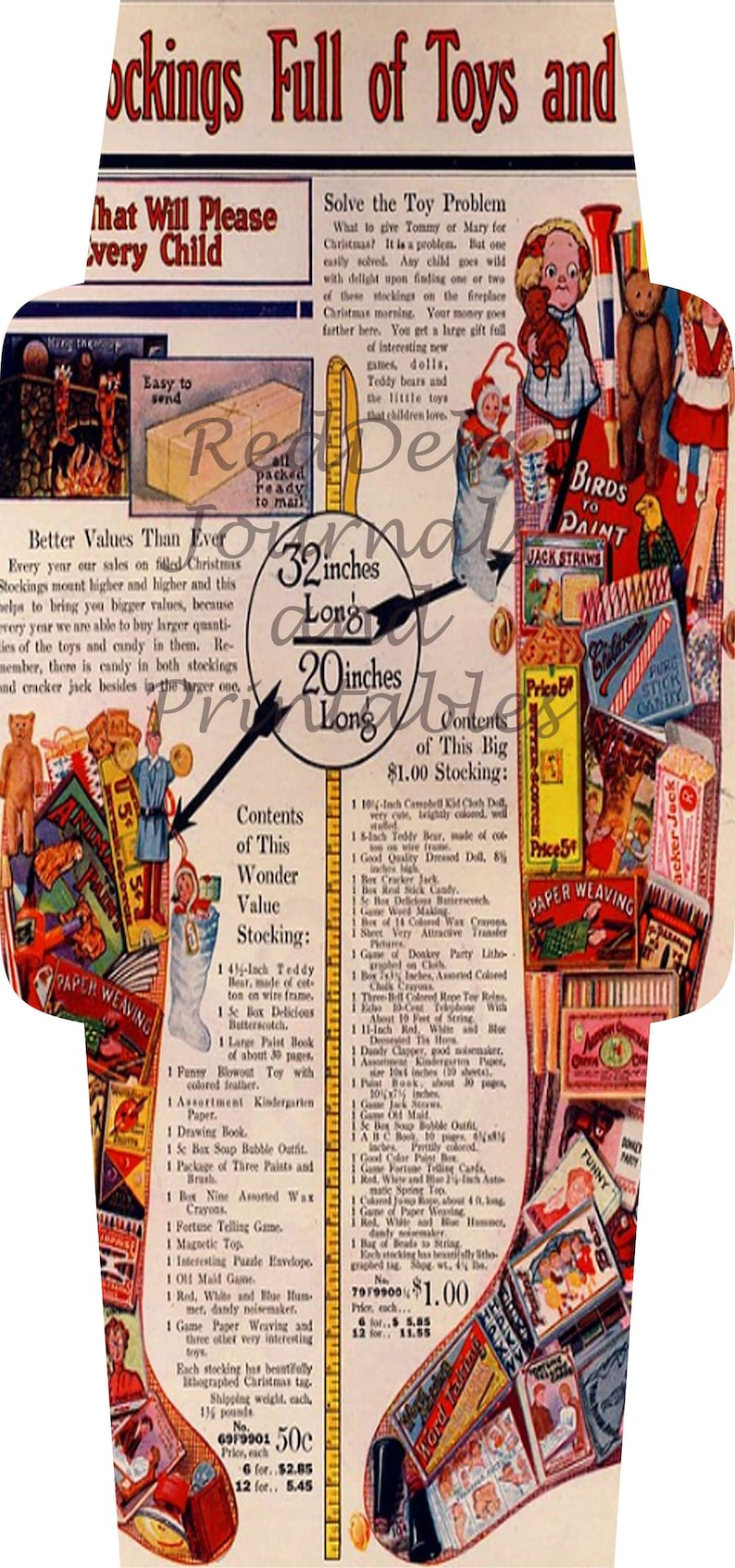 May include: A vintage advertisement for a Christmas stocking filled with toys. The stocking is 32 inches long and contains a variety of toys, including a teddy bear, a doll, a game, and sweets. The ad also includes a list of the contents of the stocking.