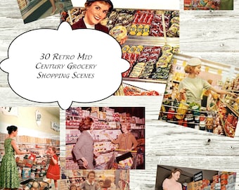 30 Retro Mid Century Grocery Shopping Scenes Digital Download PDF and JPEG