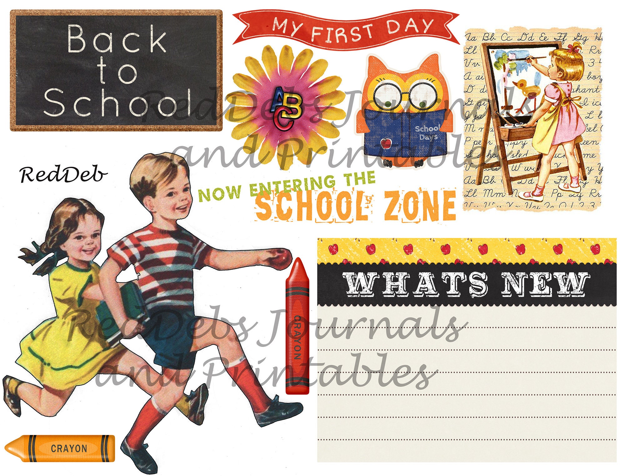 Retro Back to School Scrapbook Clip Art Kit, Junk Journal Kit, Digital