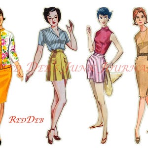 May include: Four women in vintage clothing. The woman on the left is wearing a floral patterned cardigan and a yellow skirt. The woman in the center is wearing a striped shirt and a yellow skirt. The woman on the right is wearing a red sleeveless top and white and red striped shorts. The woman on the far right is wearing a brown dress with a belt.