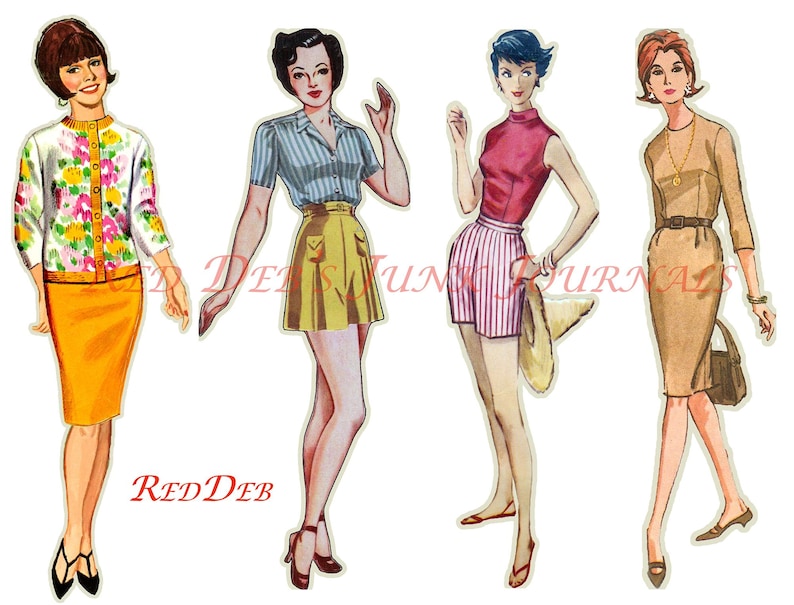 May include: Four women in vintage clothing. The woman on the left is wearing a floral patterned cardigan and a yellow skirt. The woman in the center is wearing a striped shirt and a yellow skirt. The woman on the right is wearing a red sleeveless top and white and red striped shorts. The woman on the far right is wearing a brown dress with a belt.