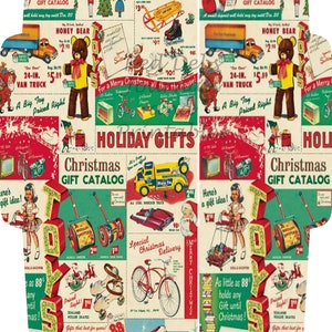May include: A vintage Christmas gift catalogue featuring a colourful collage of toys, including a red toy truck, a yellow toy truck, a red toy car, a toy dumper truck, a toy bicycle, a toy lawnmower, a toy roller skates, a toy shopping trolley, a toy sledge, a toy train, a toy bear, and a toy Father Christmas. The catalogue also features the text "Christmas Gift Catalogue" and "Holiday Gifts".