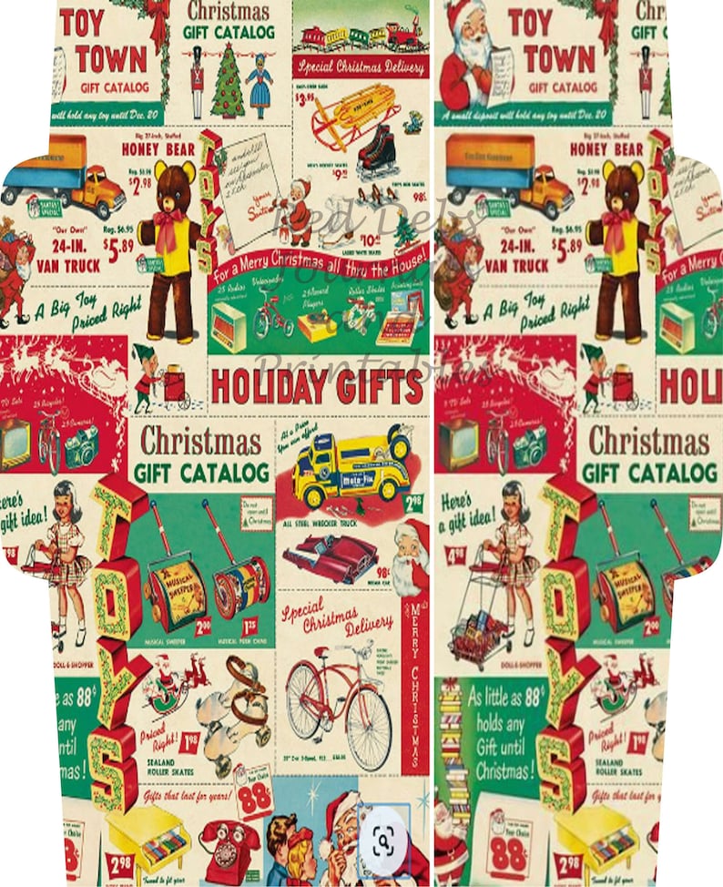 May include: A vintage Christmas gift catalogue featuring a colourful collage of toys, including a red toy truck, a yellow toy truck, a red toy car, a toy dumper truck, a toy bicycle, a toy lawnmower, a toy roller skates, a toy shopping trolley, a toy sledge, a toy train, a toy bear, and a toy Father Christmas. The catalogue also features the text "Christmas Gift Catalogue" and "Holiday Gifts".