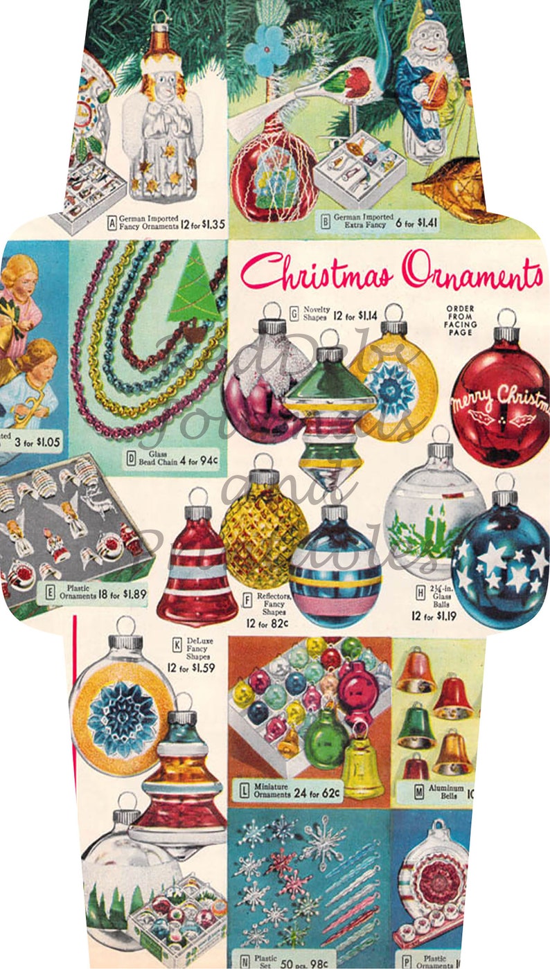May include: A vintage advertisement for Christmas decorations. The ad features a range of ornaments, including glass baubles, plastic decorations, and bead chains. The ad also includes the text "Christmas Ornaments" and "Order from Facing Page".