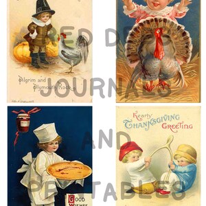 May include: Four vintage Thanksgiving postcards featuring children and traditional Thanksgiving imagery. The first card shows a pilgrim child with a rooster, the second card shows a child with a turkey, the third card shows a child holding a pie, and the fourth card shows two children with a wishbone.