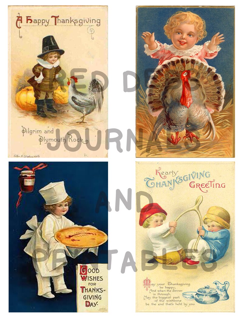 May include: Four vintage Thanksgiving postcards featuring children and traditional Thanksgiving imagery. The first card shows a pilgrim child with a rooster, the second card shows a child with a turkey, the third card shows a child holding a pie, and the fourth card shows two children with a wishbone.