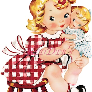 Kitschige Vintage Clip Art Bild PNG und JPEG Digital Download 300 DPI Shabby Chic Entzückendes kleines Mädchen und ihre Puppe Scrapbooking Kinder