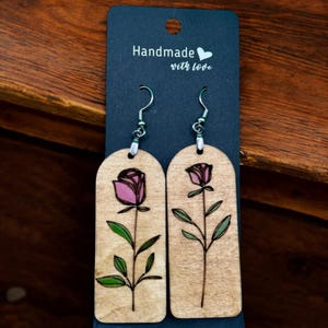 Laser Engraved Floral Dangle Earrings - Boho Nature Jewelry - Unique Gift for Her - Lightweight & Stylish - Handmade Wooden Rose Earrings