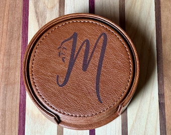 Personalized Leather Coasters Set in Holder - Housewarming Gift, Engraved Round Coasters, Cute and Custom Drink Coasters