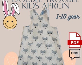 Double Sided Kids Apron Sewing Pattern PDF – Reversible 'Double Trouble' Apron for Ages 1-10 – Easy DIY Apron Pattern in English