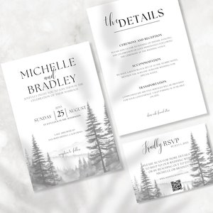 Mountain Wedding Invitation Template Set, Thank You, Details Card, Minimalistic Forest Pine Wedding Invite Suite, Instant Download, Editable