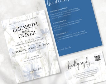 Dusty Blue Floral Wedding Invitation Set (Editable Canva Template)