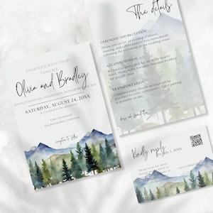 Conjunto de modelos de convite de casamento na montanha, convite com pinheiros da floresta (download digital)