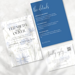 Floral Dusty Blue Wedding Invitation Set Template, Details Card, Blue Floral Wedding Invite, Editable Minimal Flower Suite Template Canva