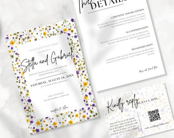 Summer Wildflower Wedding Invitation Set, Details Card, Delicate Floral Wedding Invite Suite, Editable Yellow Purple Field Flower Invitation