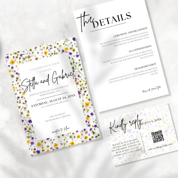 Summer Wildflower Wedding Invitation Set, Details Card, Delicate Floral Wedding Invite Suite, Editable Yellow Purple Field Flower Invitation