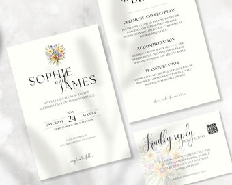 Modèle de jeu d'invitations de mariage minimaliste, carte de détails, suite d'invitations de mariage floral, modèle d'invitation de fleurs minimal modifiable Canva