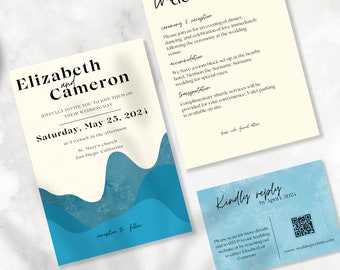 Dusty Blue Wedding Invitation Template, RSVP Card, Thank You, Details Card, Mountain Wedding Invitation, Printable Invitation Bundle