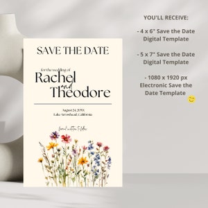 Summer Wildflower Save The Date, Save The Date Template with Photo, Save The Date Card, Save The Date Digital Download Custom Canva Template