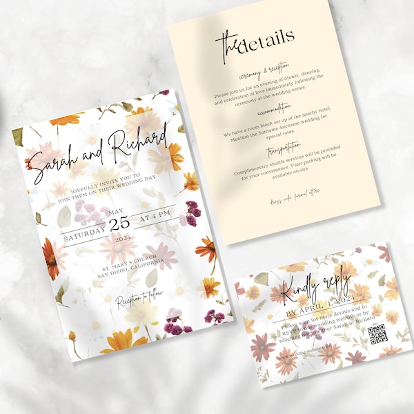 Fall Wildflower Wedding Invitation Template, RSVP Card, Thank You, Details Card, Floral Wedding Invitation, Printable Invitation Bundle