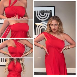 May include: A vibrant red, one-shoulder maxi dress. The dress features a draped design and a flowing silhouette. The fabric appears to be a soft, lightweight material. The dress is shown in multiple views, demonstrating different styling options.