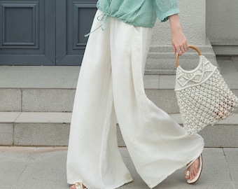 Handmade White Linen Palazzo Pants – High Waist Wide Leg Summer Trousers