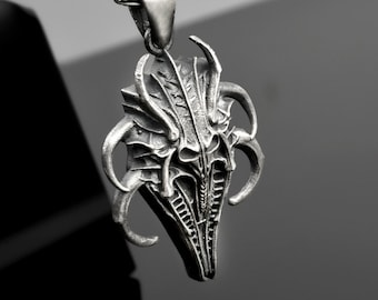 Oxidized Silver Dragon Pendant Necklace, Gothic Fantasy Jewelry