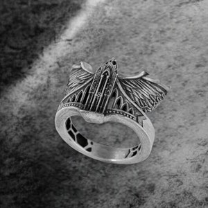 Gothic Cathedral Ring | Medieval Winged Ring for Him or Her | Unique Statement Jewelry Gift for Holidays, Birthdays, and Special Occasions