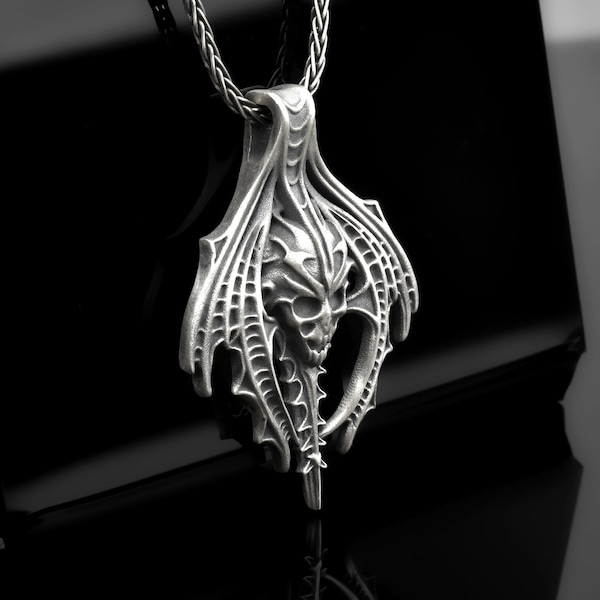 Gothic Skull Dragon Pendant for Cosplay, Unique Gothic Dragon Wing Necklace, Mystical Gift For Boyfriend, Gift for Him, Christmas Gift