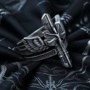 Winged Cross Ring, Gothic Biker Jewelry, Stainless Steel Ring