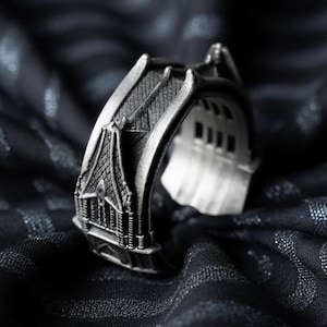 Oxidierte Sterling Silber Gotische Kathedrale Ring, verstellbare mittelalterliche Architektur Schmuck
