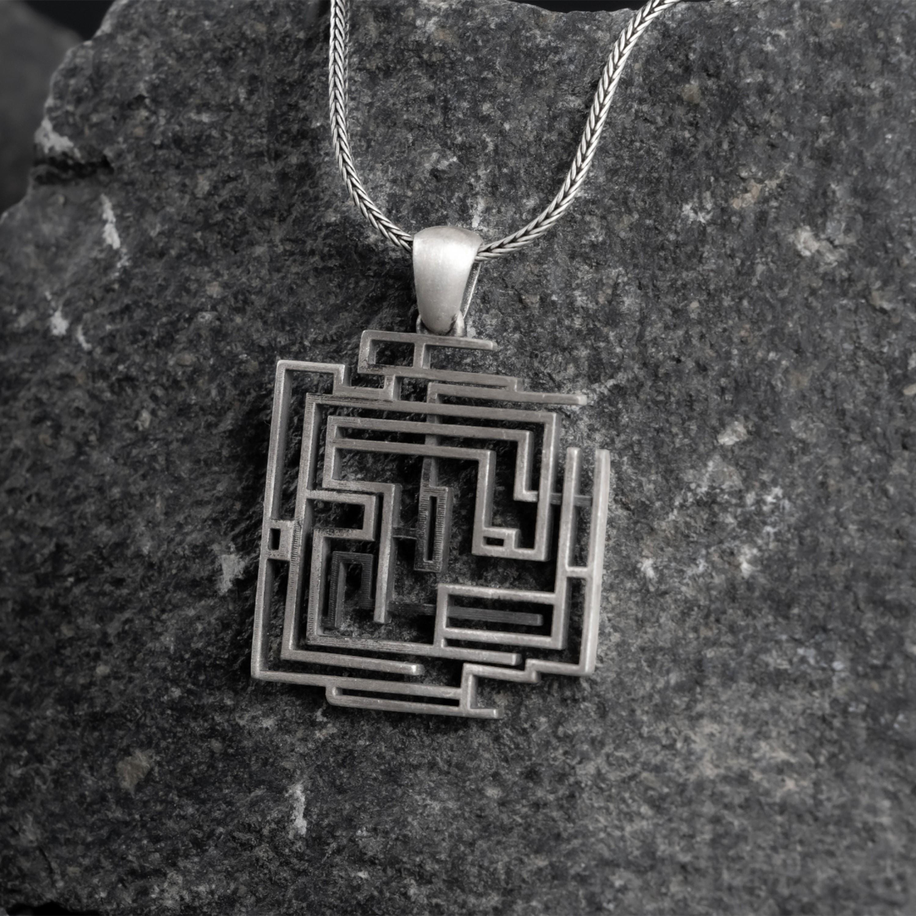 Labyrinth Charm Sterling Silver Labyrinth Pendant Necklace – 32mm Geometric Maze Charm ...