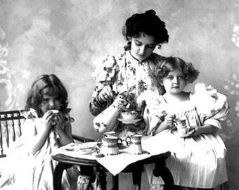 Mother and Daughters Tea Party Dress Up Vintage Digital Image Transfer Photograph Printable Instant Download