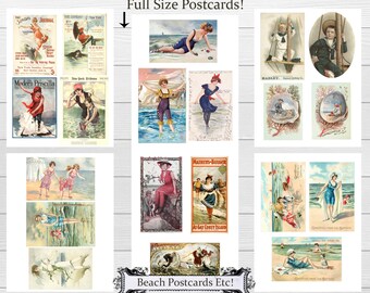 Beach Scenes Collage Sheet Printable Bathing Beauties Vintage Ocean Trade cards Vintage Post Cards Digital Collage Sheets 6 Sheets