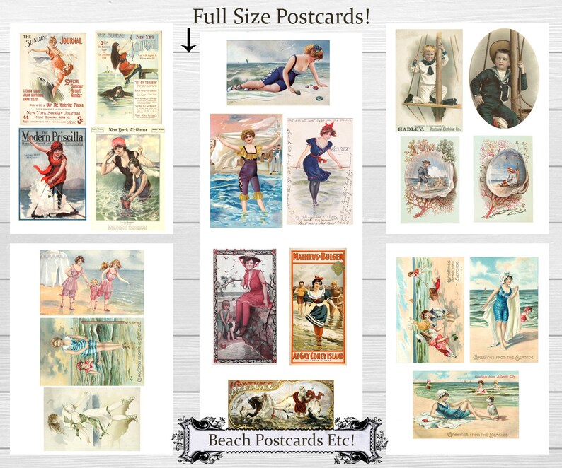 Beach Scenes Collage Sheet Printable Bathing Beauties Vintage Ocean Trade cards Vintage Post Cards Digital Collage Sheets 6 Sheets image 1