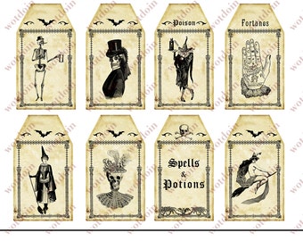 Halloween Printable Tags Witches Skeletons Bats Spells Potions Palmistry Fortune Teller Digital Collage Junk Journal Party Favors Gift Tags