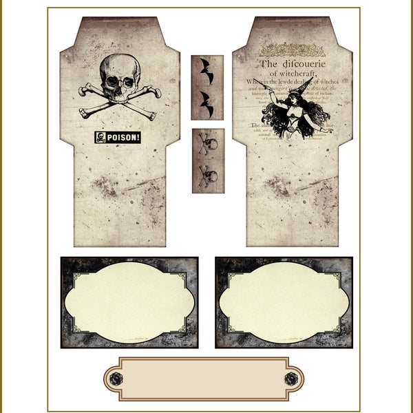 Halloween Envelopes and Blank Labels Witch Skull Cross Bones Bats Poison Junk Journals Tea Bags Printable Digital Collage Sheet