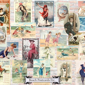 Beach Scenes Collage Sheet Printable Bathing Beauties Vintage Ocean Trade cards Vintage Post Cards Digital Collage Sheets 6 Sheets image 2