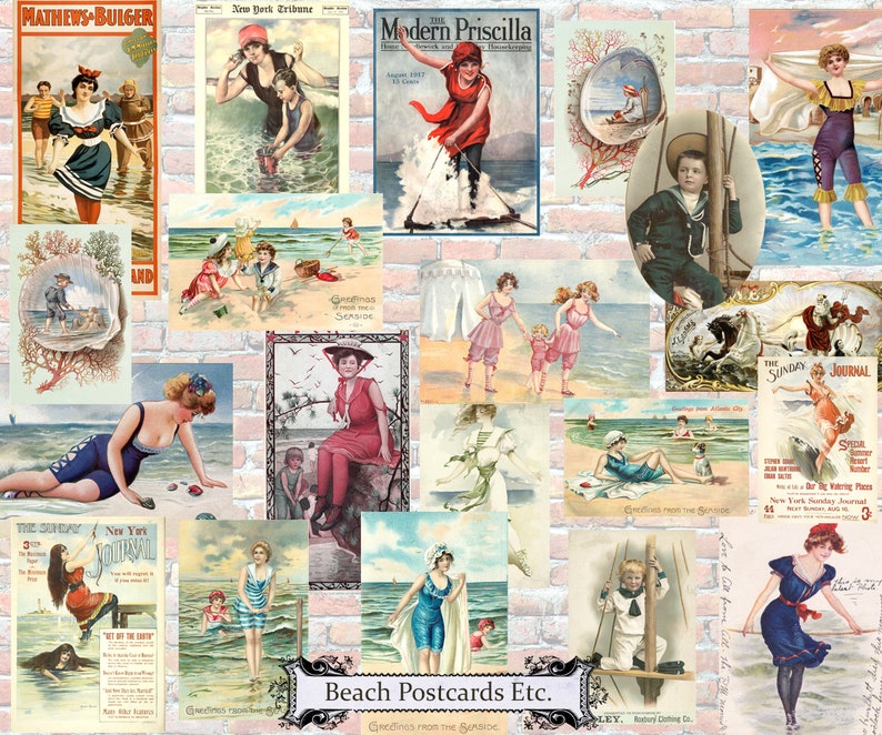 Beach Scenes Collage Sheet Printable Bathing Beauties Vintage Ocean Trade cards Vintage Post Cards Digital Collage Sheets 6 Sheets image 2