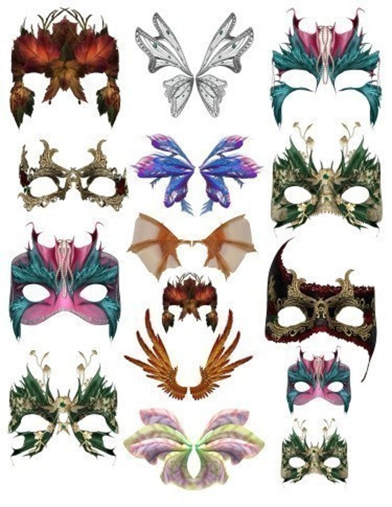 Masks And Wings Masquerade Digital Collage Sheet Masquerade Party Image Transfer Digital Download image 1