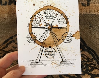COFFEE Ring Stain Art "Round and Round We Go"  5x7 Giclee' PRINT of Original, Ferris Wheel, Carnival, Whimsical, Fun, Playful matted 8x10