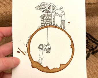 COFFEE Ring Stain Art Illustration "Welling up with Love"  5x7 PRINT Relationship, Wishing Well, Love, Hearts matted to 8x10