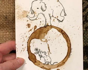 COFFEE cup stain Art Painting "Peace Offering"  5x7 Giclée PRINT of original, Elephant, Mouse, Flower, Friendship matted to 8x10