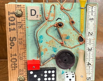 Found Object Assemblage ART "Playing by the Rules" One of a Kind Unique Funky Vintage Mixed Media Junk Art, Wire Dog, Game pieces, toys
