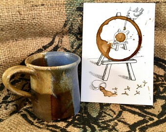 COFFEE Ring Stain Art Illustration "Finishing Touches"  5x7 PRINT Bird, Artist, Easel, Painting matted to 8x10